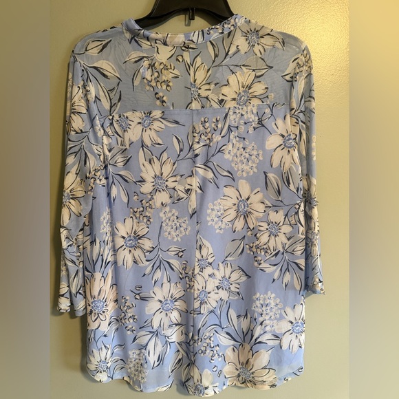 Cocomo Women's size L lined mesh floral blouse Blue work casual 3/4 tab sleeve - Picture 9 of 15